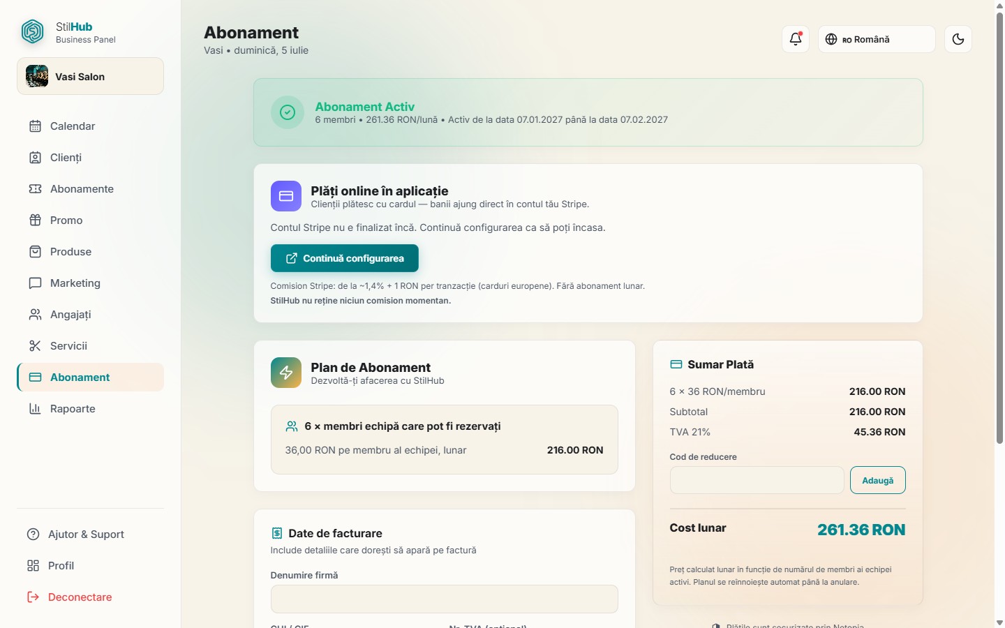 Subscription status, payment summary, and online payment setup in the StilHub panel