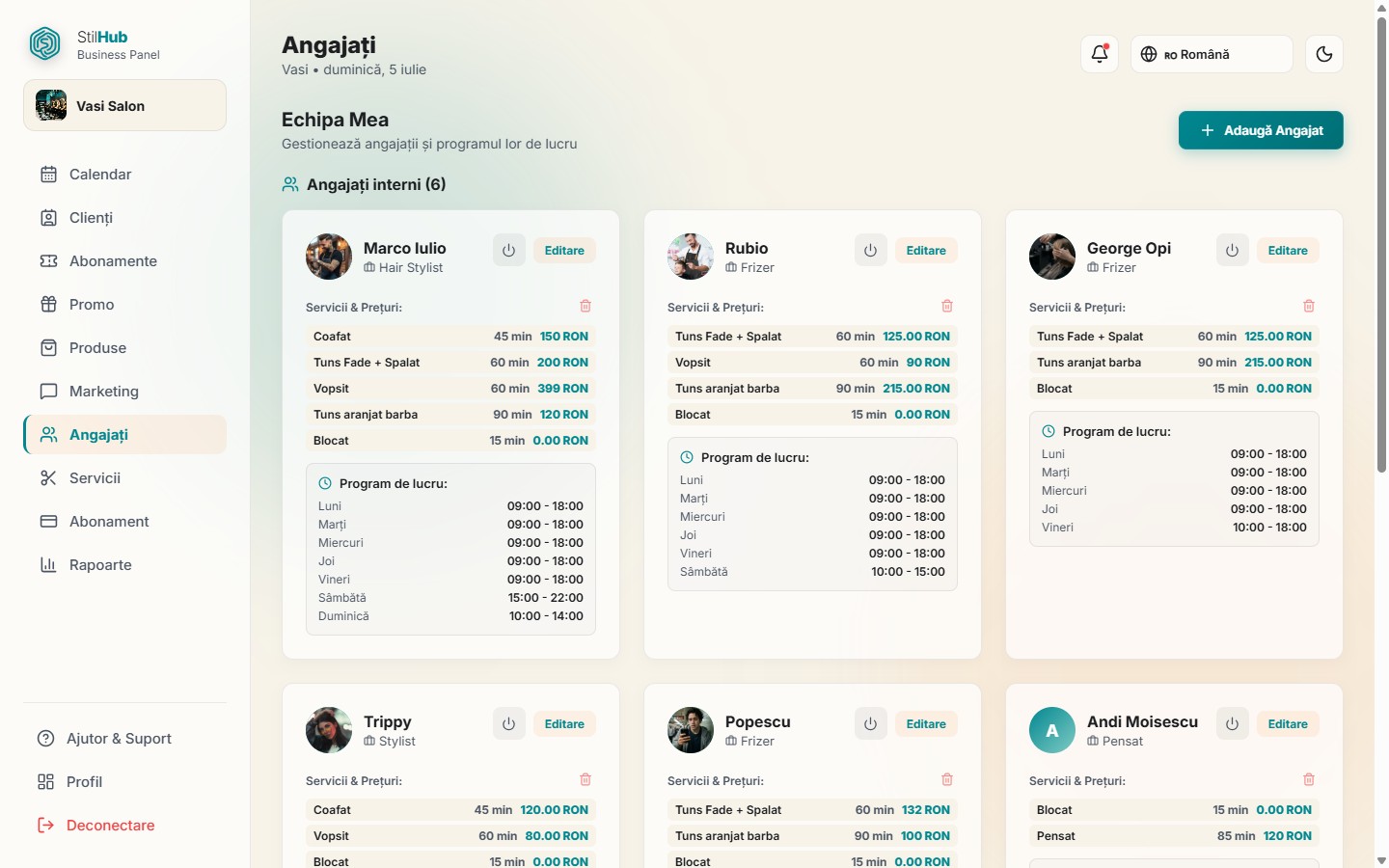 Staff cards with services, prices, and working schedule in the StilHub panel
