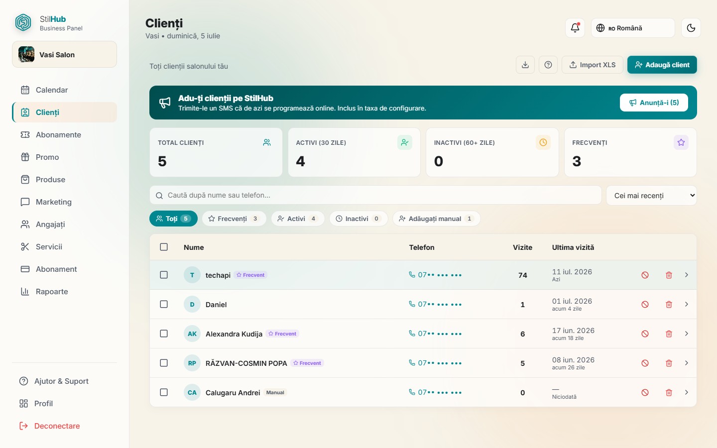 The client list in the StilHub panel, with stats and filters