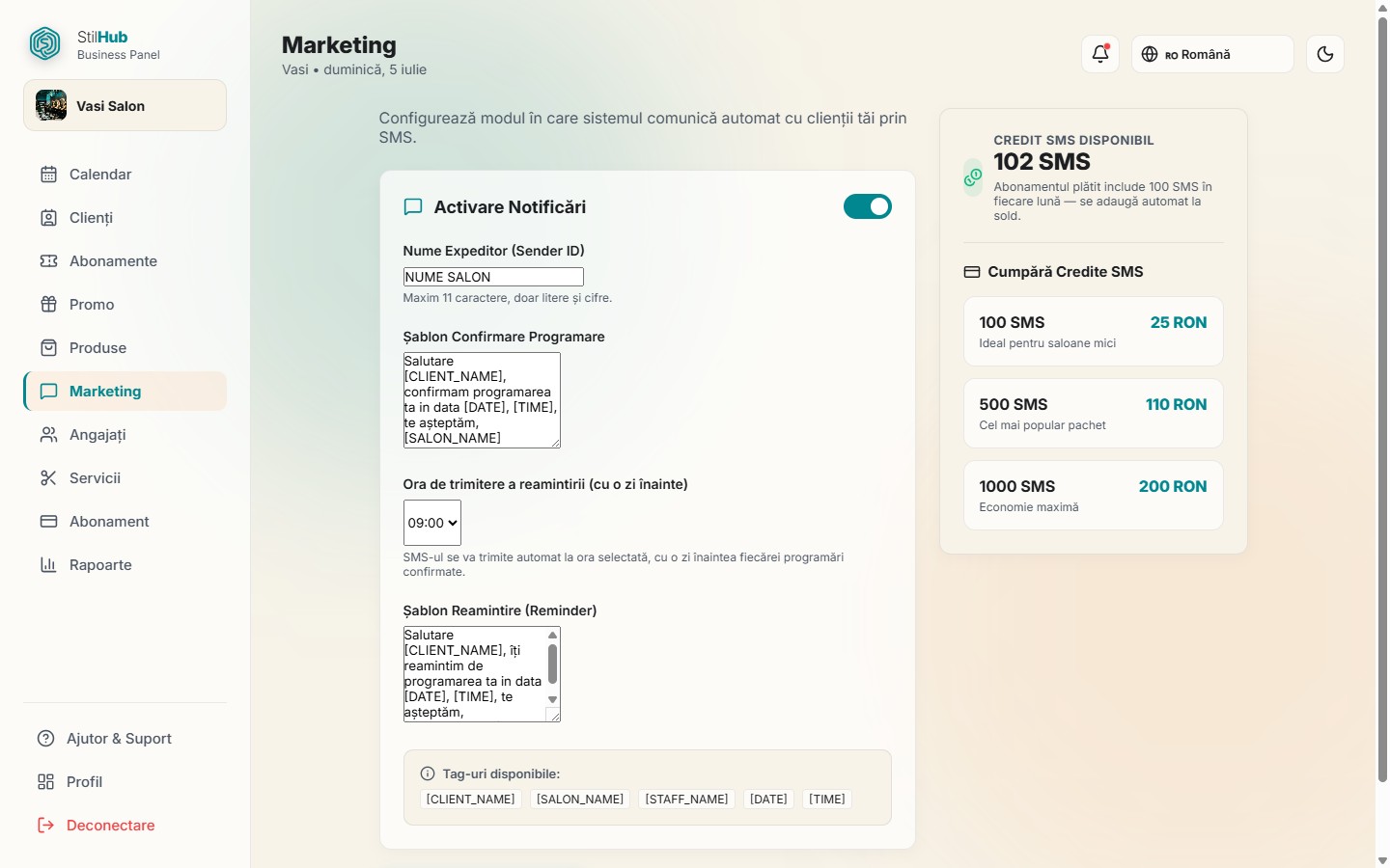 SMS notification settings and credit packages in the StilHub panel