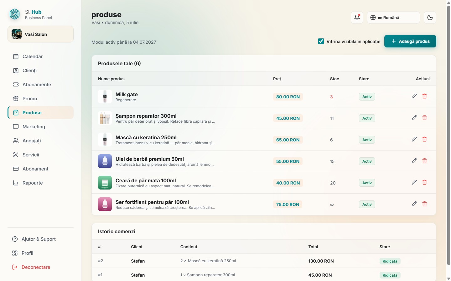 Product showcase and order history in the StilHub panel