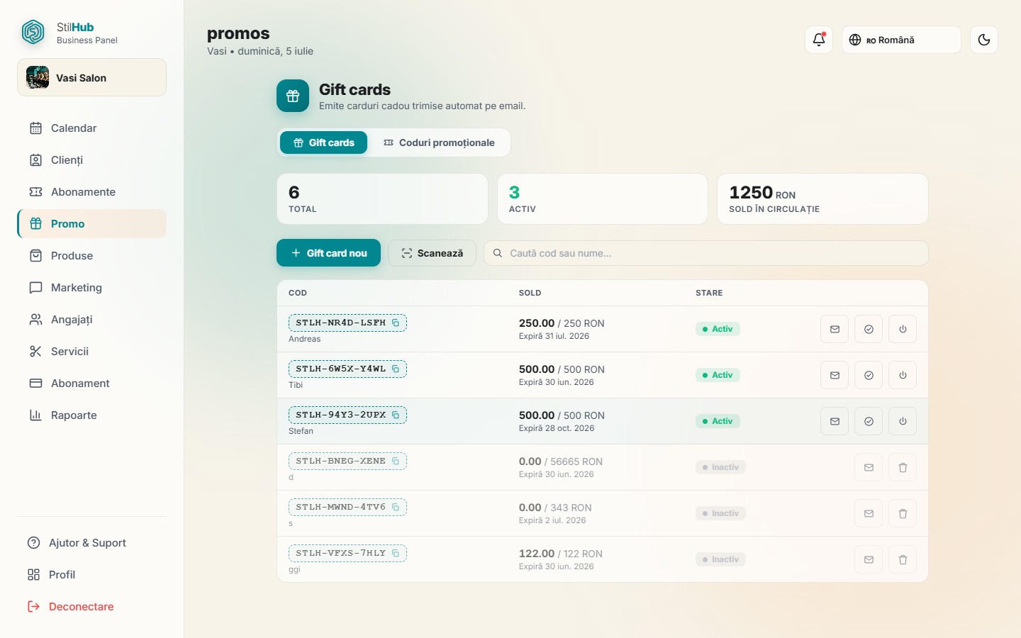 Gift cards and promo codes in the StilHub panel