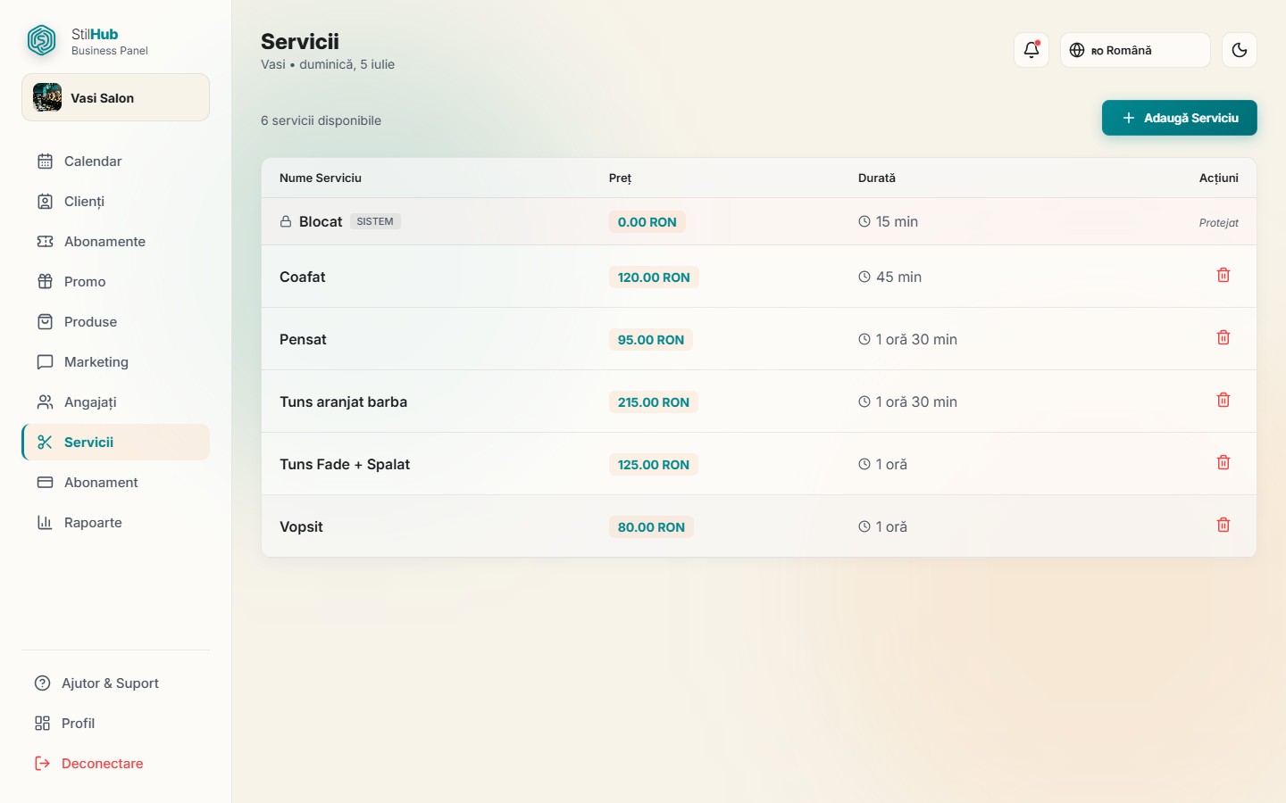 The salon's services table in the StilHub panel